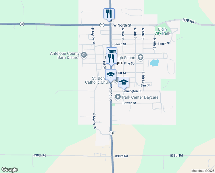 map of restaurants, bars, coffee shops, grocery stores, and more near 301-399 South 2nd Street in Elgin