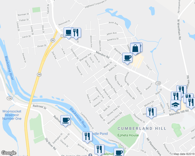 map of restaurants, bars, coffee shops, grocery stores, and more near 10 Branch Avenue in Cumberland