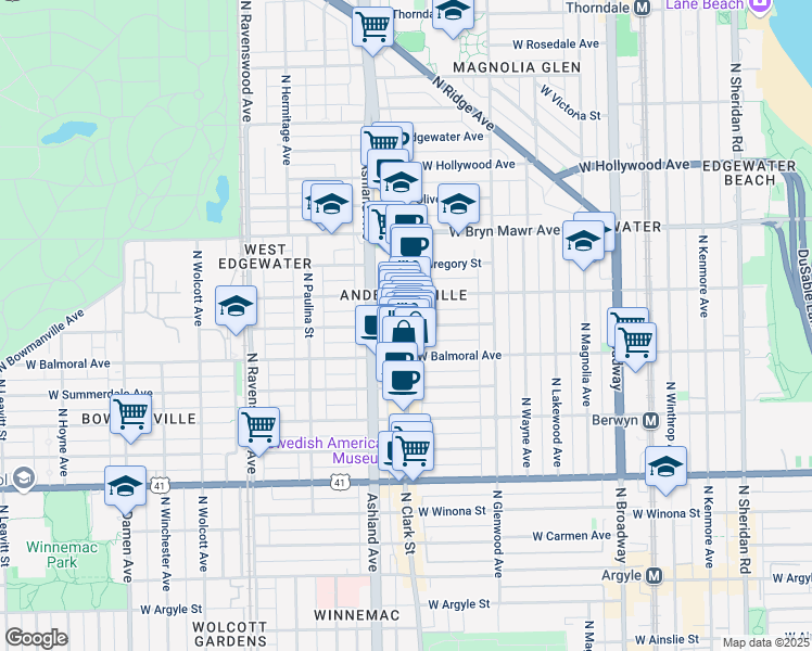 map of restaurants, bars, coffee shops, grocery stores, and more near North Clark Street & West Rascher Avenue in Chicago