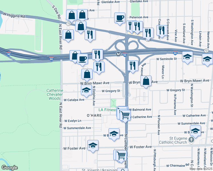 map of restaurants, bars, coffee shops, grocery stores, and more near 8515 West Bryn Mawr Avenue in Chicago
