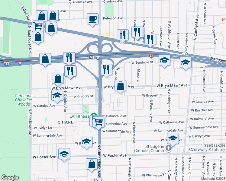 map of restaurants, bars, coffee shops, grocery stores, and more near 5535 Fairview Avenue in Chicago