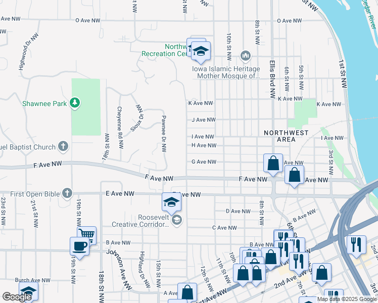 map of restaurants, bars, coffee shops, grocery stores, and more near 1068 G Avenue Northwest in Cedar Rapids