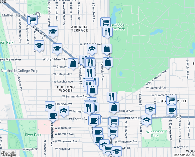 map of restaurants, bars, coffee shops, grocery stores, and more near 5433 North Campbell Avenue in Chicago