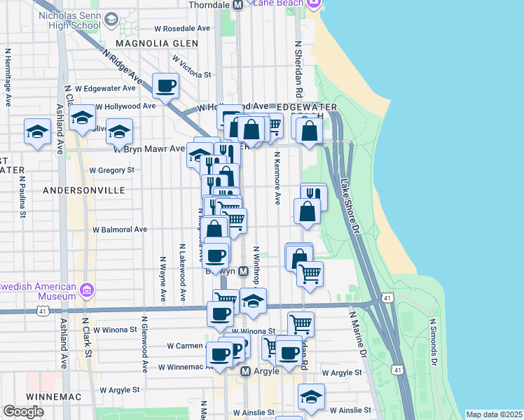 map of restaurants, bars, coffee shops, grocery stores, and more near 5423 North Winthrop Avenue in Chicago