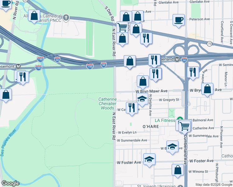 map of restaurants, bars, coffee shops, grocery stores, and more near 8751 West Bryn Mawr Avenue in Chicago