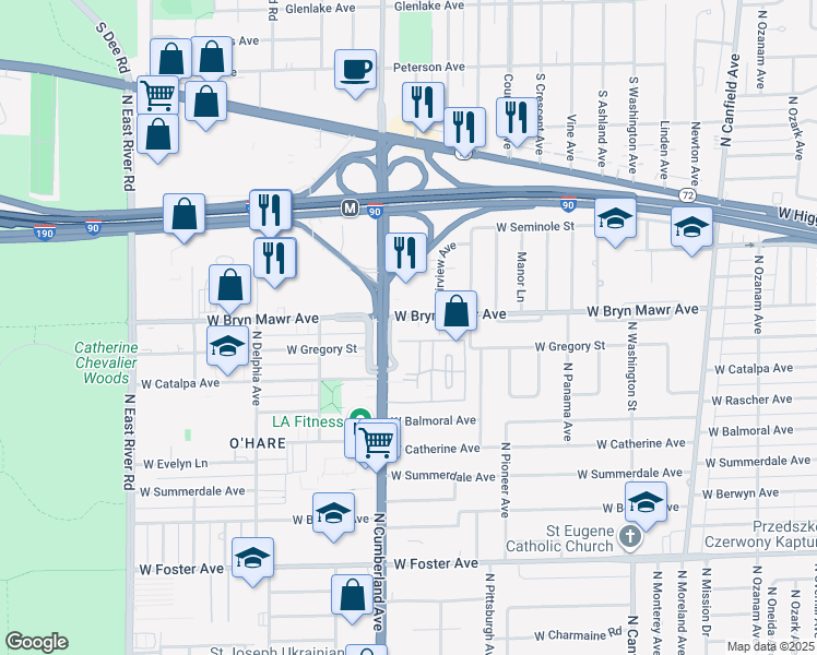 map of restaurants, bars, coffee shops, grocery stores, and more near 5555 Illinois 171 in Chicago