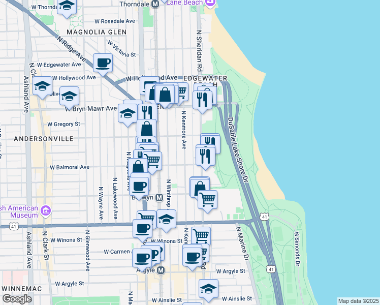 map of restaurants, bars, coffee shops, grocery stores, and more near 5420 North Sheridan Road in Chicago