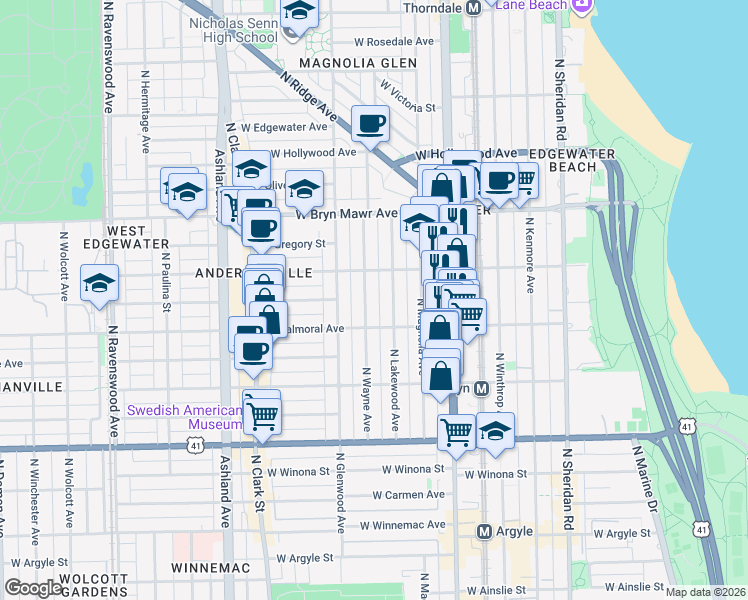 map of restaurants, bars, coffee shops, grocery stores, and more near 5414 North Lakewood Avenue in Chicago