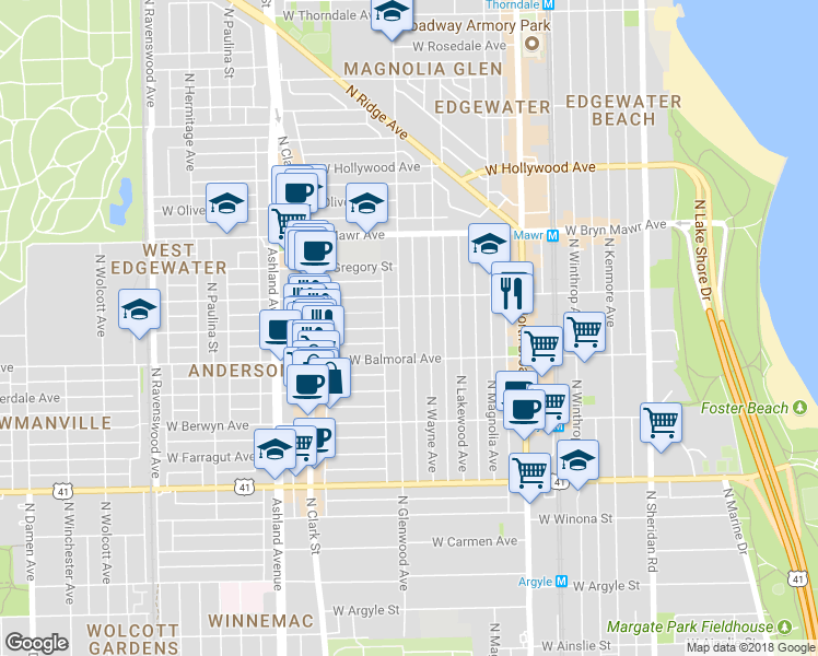 map of restaurants, bars, coffee shops, grocery stores, and more near 5419 North Glenwood Avenue in Chicago
