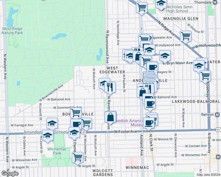 map of restaurants, bars, coffee shops, grocery stores, and more near 1733 West Rascher Avenue in Chicago