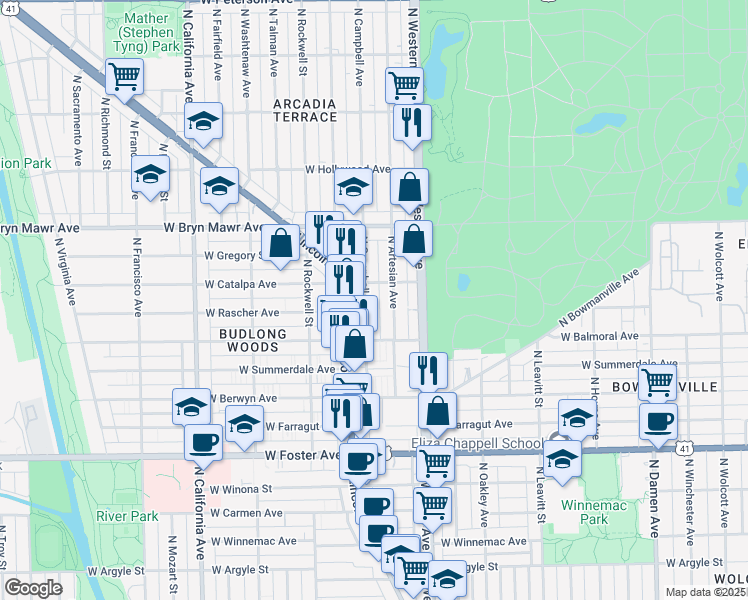 map of restaurants, bars, coffee shops, grocery stores, and more near 5433 North Campbell Avenue in Chicago