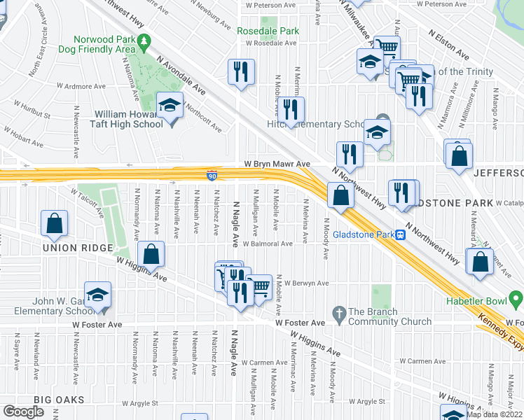 map of restaurants, bars, coffee shops, grocery stores, and more near 5441 North Mulligan Avenue in Chicago