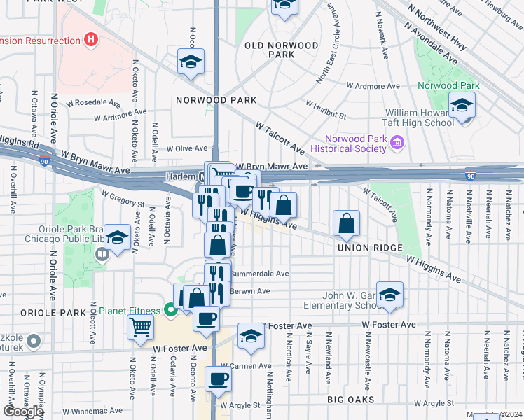 map of restaurants, bars, coffee shops, grocery stores, and more near 7046 West Higgins Avenue in Chicago