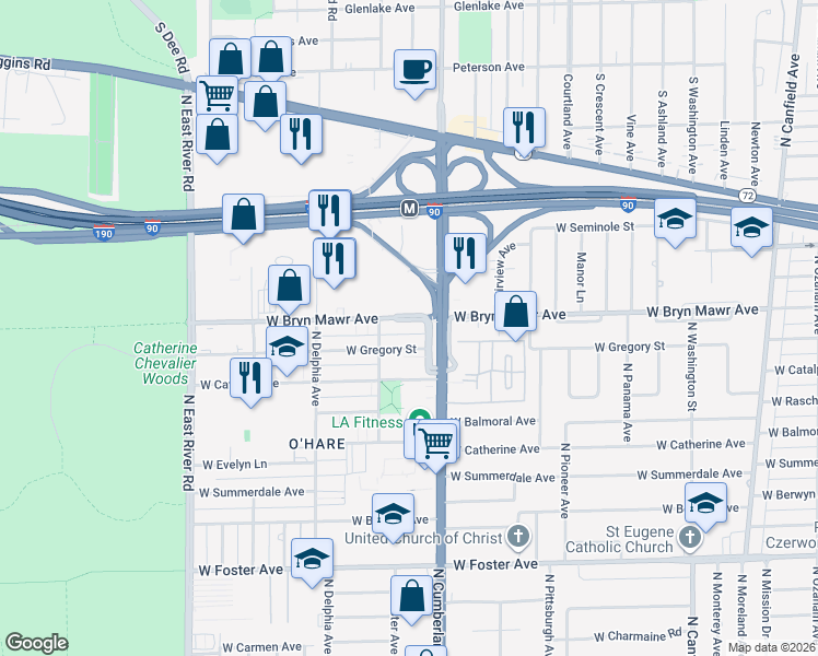 map of restaurants, bars, coffee shops, grocery stores, and more near 8444 West Gregory Street in Chicago
