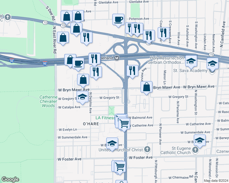map of restaurants, bars, coffee shops, grocery stores, and more near 8444 West Gregory Street in Chicago