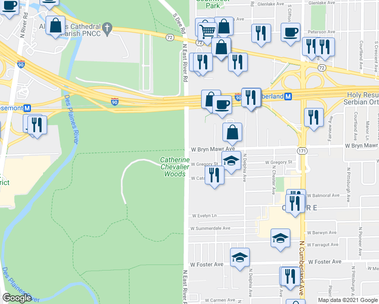map of restaurants, bars, coffee shops, grocery stores, and more near 8751 West Bryn Mawr Avenue in Chicago