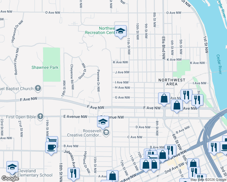 map of restaurants, bars, coffee shops, grocery stores, and more near 1068 G Avenue Northwest in Cedar Rapids