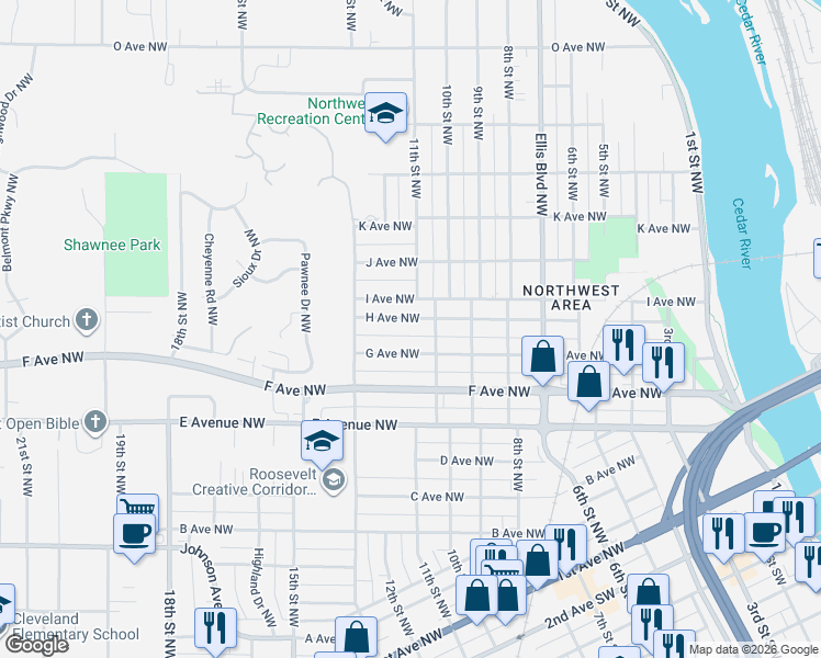 map of restaurants, bars, coffee shops, grocery stores, and more near 1028 G Avenue Northwest in Cedar Rapids