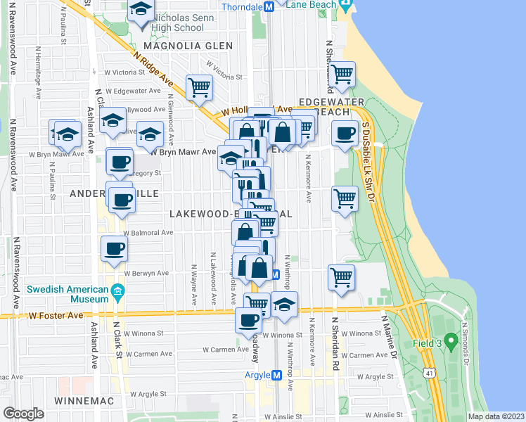 map of restaurants, bars, coffee shops, grocery stores, and more near 5425 North Broadway in Chicago