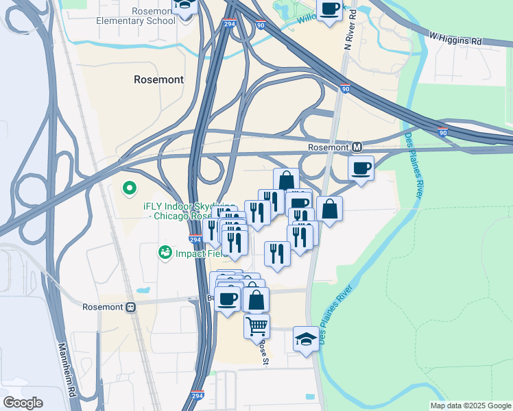 map of restaurants, bars, coffee shops, grocery stores, and more near 9600 West Bryn Mawr Avenue in Rosemont