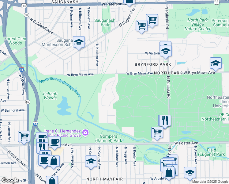 map of restaurants, bars, coffee shops, grocery stores, and more near 5448 North Kildare Avenue in Chicago