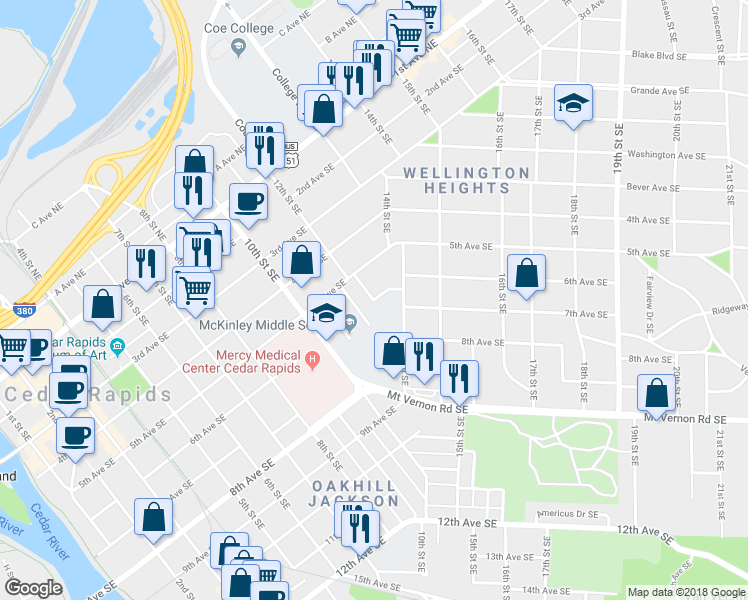 map of restaurants, bars, coffee shops, grocery stores, and more near 1219 6th Avenue Southeast in Cedar Rapids