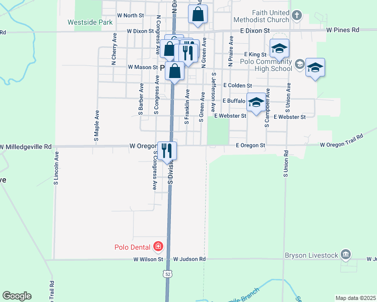 map of restaurants, bars, coffee shops, grocery stores, and more near 103 East Oregon Street in Polo