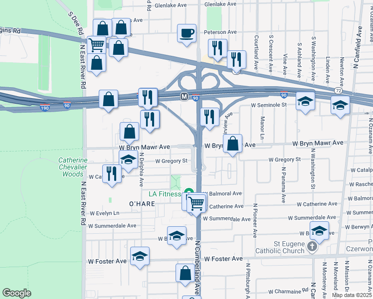 map of restaurants, bars, coffee shops, grocery stores, and more near 8421 West Bryn Mawr Avenue in Chicago