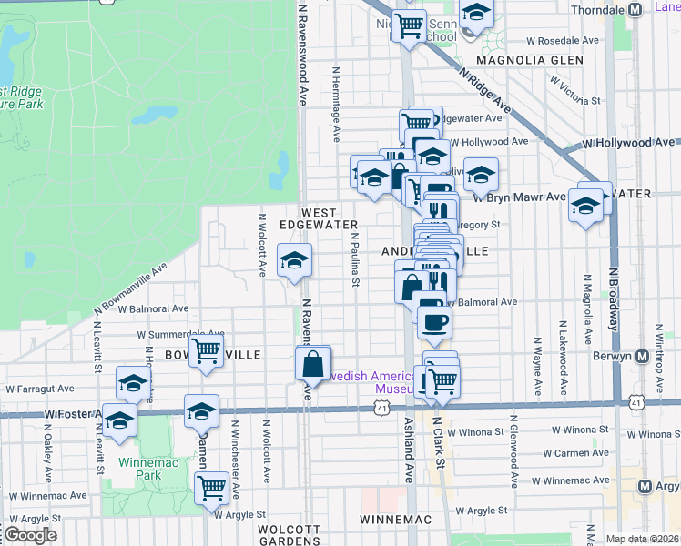 map of restaurants, bars, coffee shops, grocery stores, and more near 1733 West Rascher Avenue in Chicago