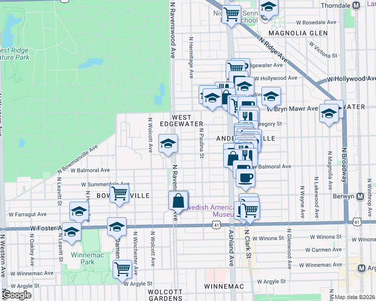 map of restaurants, bars, coffee shops, grocery stores, and more near 1733 West Rascher Avenue in Chicago