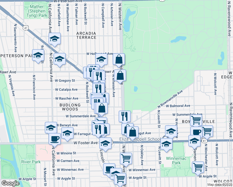 map of restaurants, bars, coffee shops, grocery stores, and more near 5430 North Western Avenue in Chicago