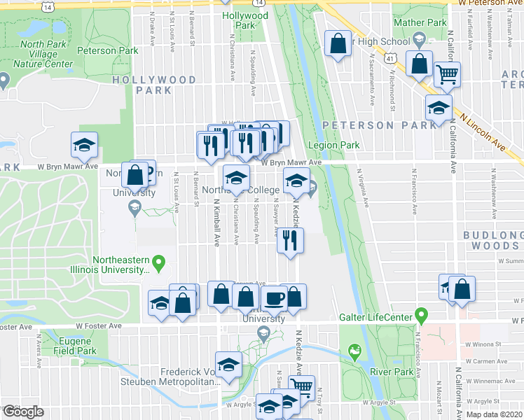 map of restaurants, bars, coffee shops, grocery stores, and more near 5437 North Spaulding Avenue in Chicago