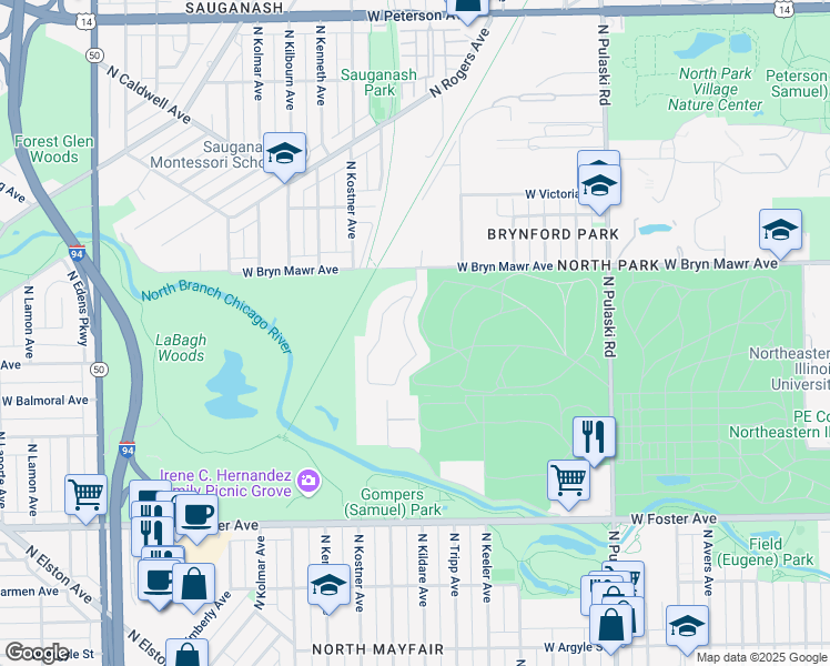 map of restaurants, bars, coffee shops, grocery stores, and more near 5448 North Kildare Avenue in Chicago