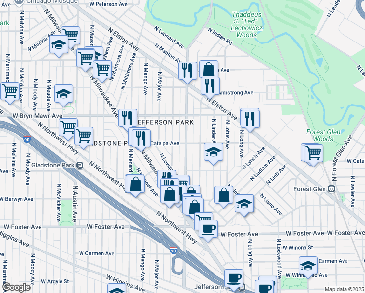 map of restaurants, bars, coffee shops, grocery stores, and more near 5441 North Central Avenue in Chicago