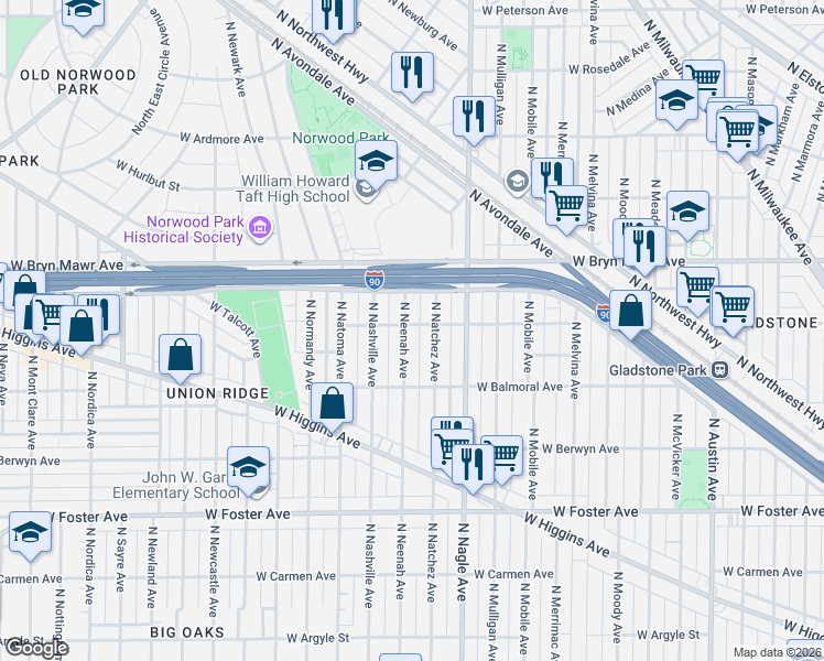 map of restaurants, bars, coffee shops, grocery stores, and more near 5442 North Neenah Avenue in Chicago