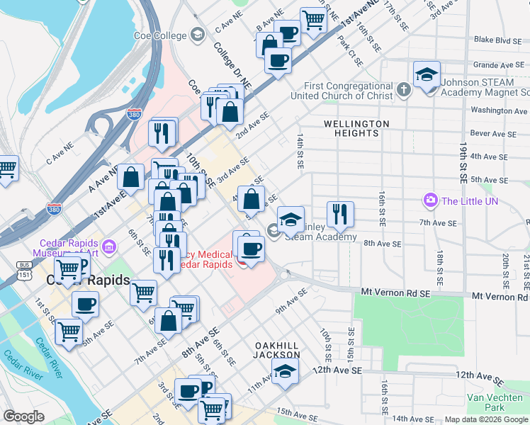 map of restaurants, bars, coffee shops, grocery stores, and more near 547 Cobban Court Southeast in Cedar Rapids