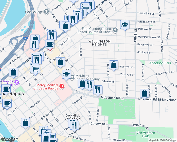 map of restaurants, bars, coffee shops, grocery stores, and more near 1411 7th Ave SE in Cedar Rapids