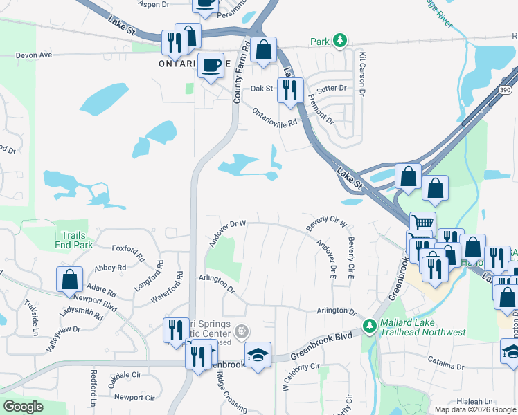 map of restaurants, bars, coffee shops, grocery stores, and more near 5992 Danby Court in Hanover Park
