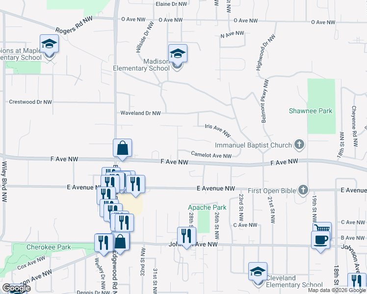 map of restaurants, bars, coffee shops, grocery stores, and more near 2814 Camelot Avenue Northwest in Cedar Rapids