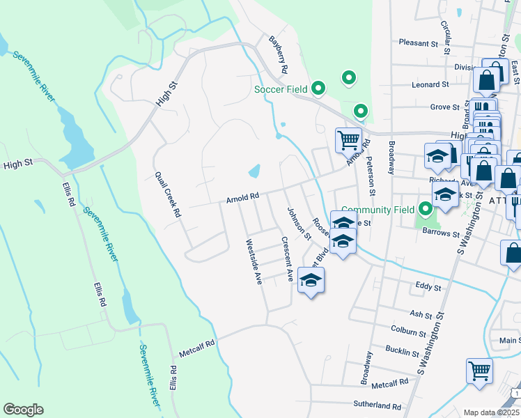 map of restaurants, bars, coffee shops, grocery stores, and more near 38 Sunset Avenue in North Attleborough