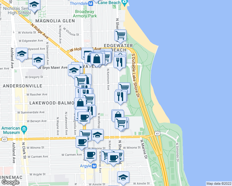 map of restaurants, bars, coffee shops, grocery stores, and more near 5420 North Sheridan Road in Chicago