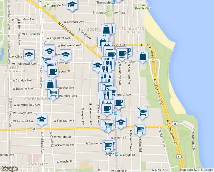 map of restaurants, bars, coffee shops, grocery stores, and more near 5435 N Broadway St in Chicago