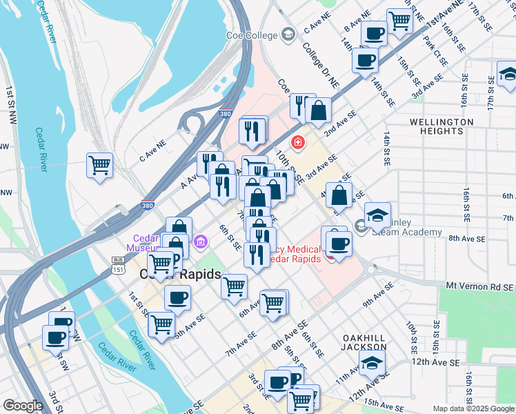 map of restaurants, bars, coffee shops, grocery stores, and more near in Cedar Rapids