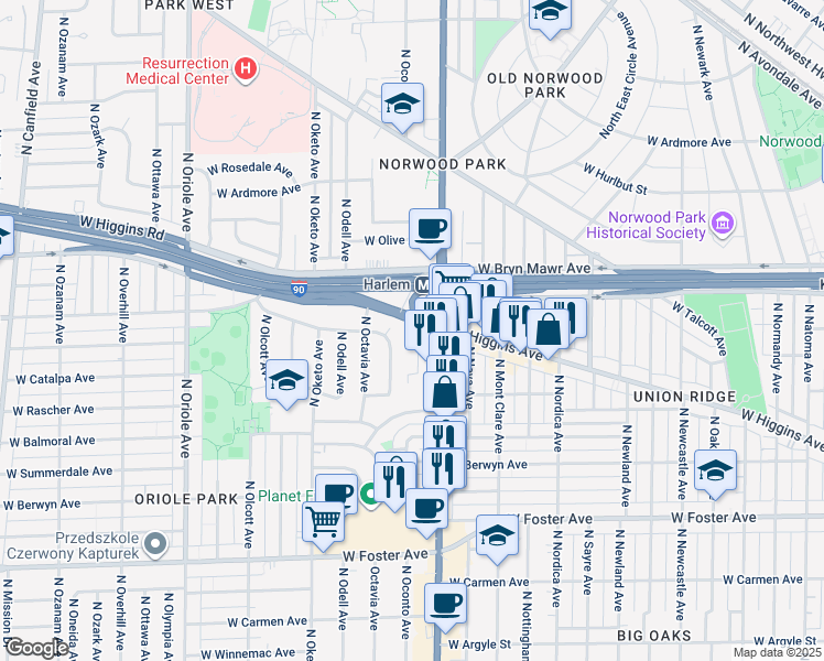 map of restaurants, bars, coffee shops, grocery stores, and more near 7225 West Higgins Avenue in Chicago