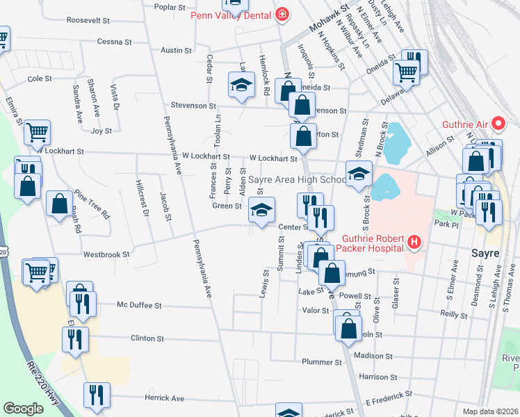 map of restaurants, bars, coffee shops, grocery stores, and more near 127 Franklin Street in Sayre