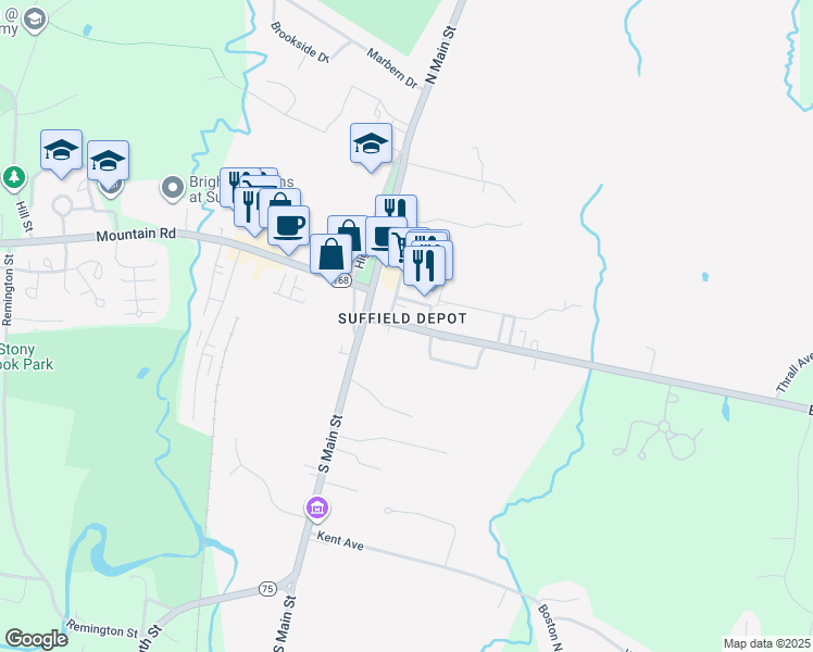 map of restaurants, bars, coffee shops, grocery stores, and more near 126 Bridge Street in Suffield