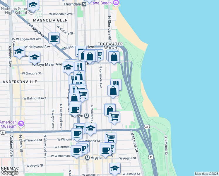 map of restaurants, bars, coffee shops, grocery stores, and more near 5420 North Sheridan Road in Chicago