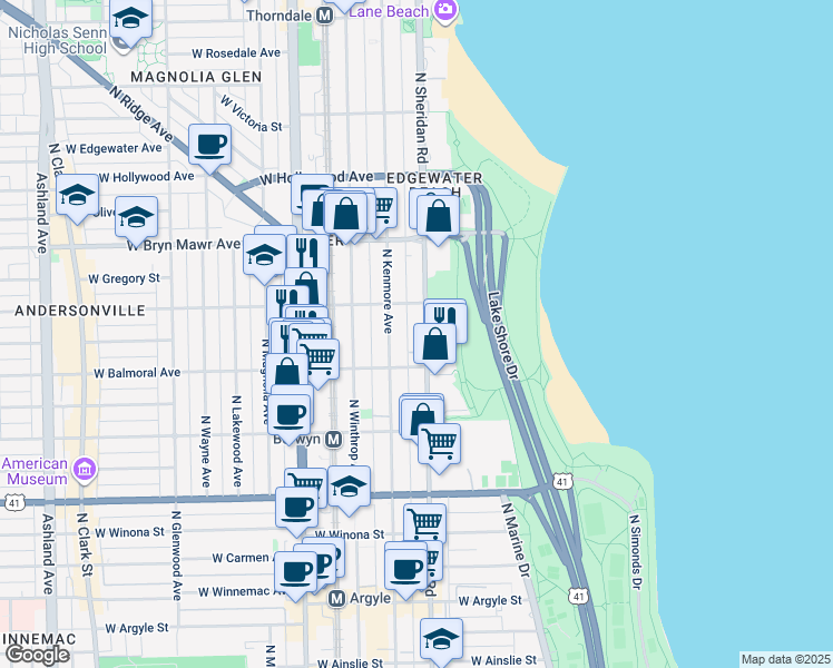 map of restaurants, bars, coffee shops, grocery stores, and more near 5420 North Sheridan Road in Chicago