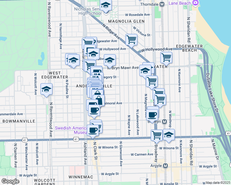 map of restaurants, bars, coffee shops, grocery stores, and more near 1429 West Rascher Avenue in Chicago