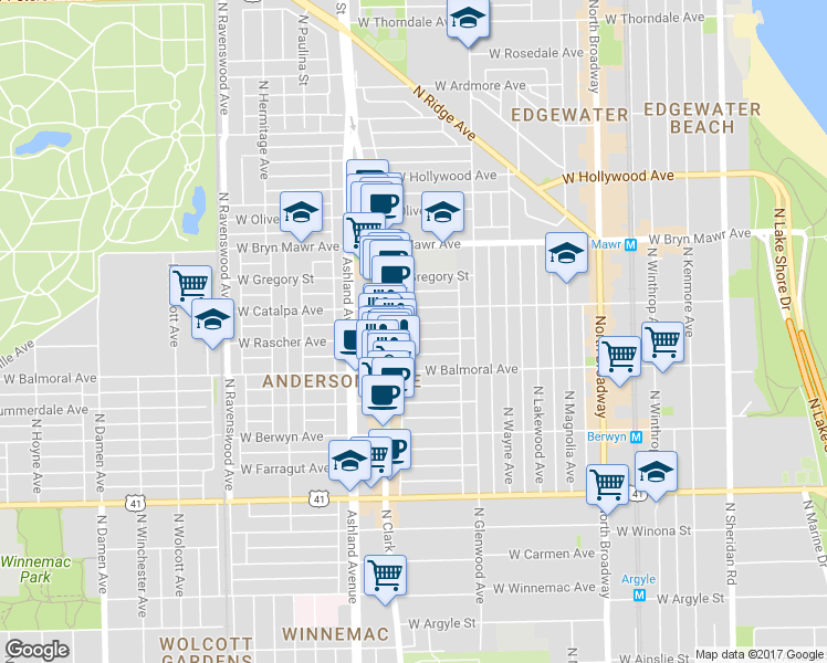 map of restaurants, bars, coffee shops, grocery stores, and more near 1467 West Rascher Avenue in Chicago
